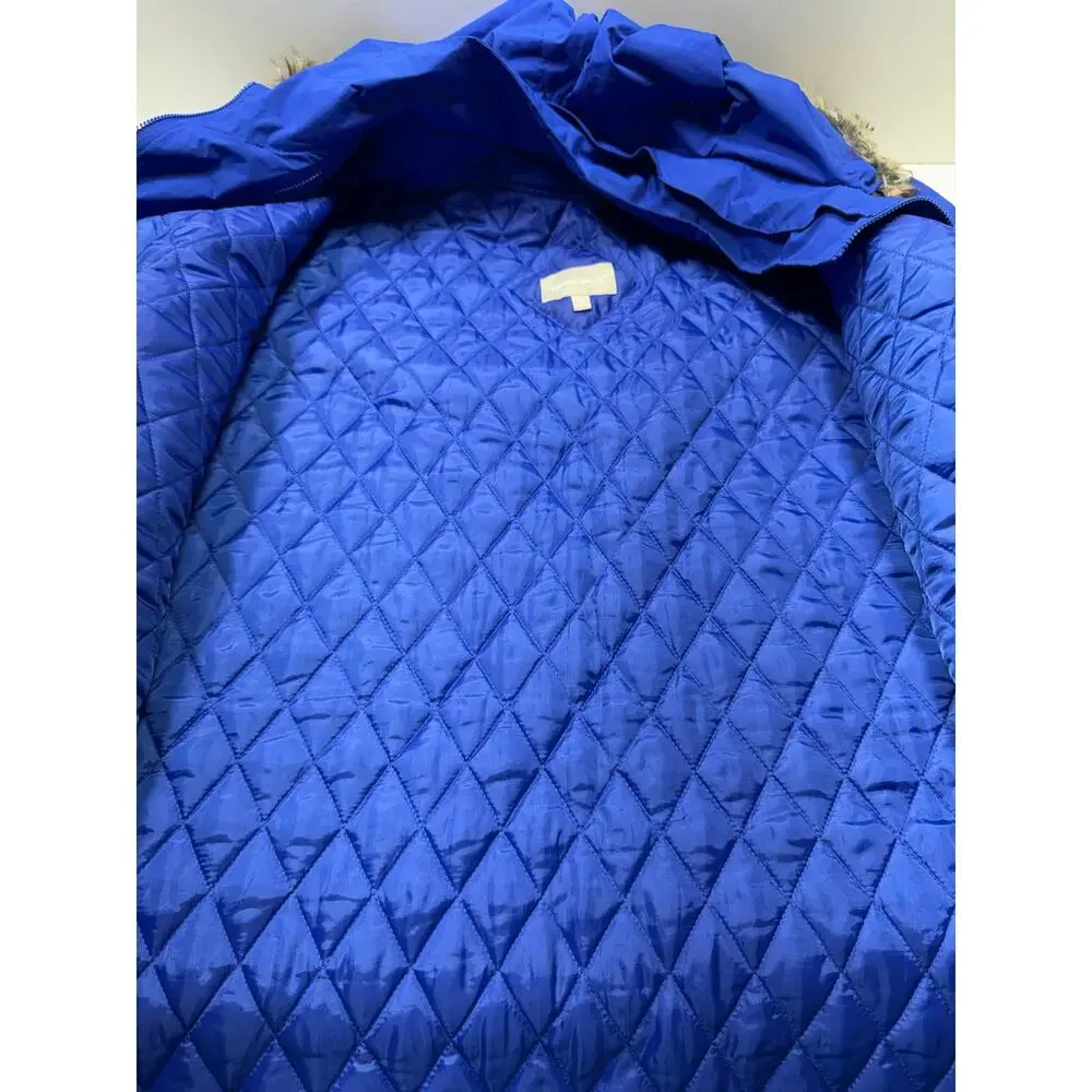 Woman Within Plus Sz Parka Sz 5X 38/40 Blue Full Zip Faux Fur Hood Quilted Liner